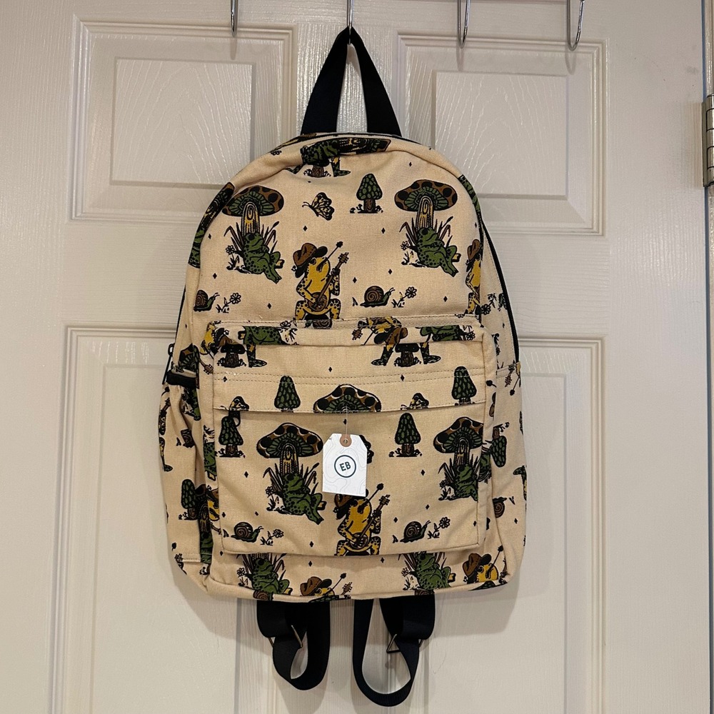 Frog Mushroom Canvas Backpack Cream Tan School Bag NEW